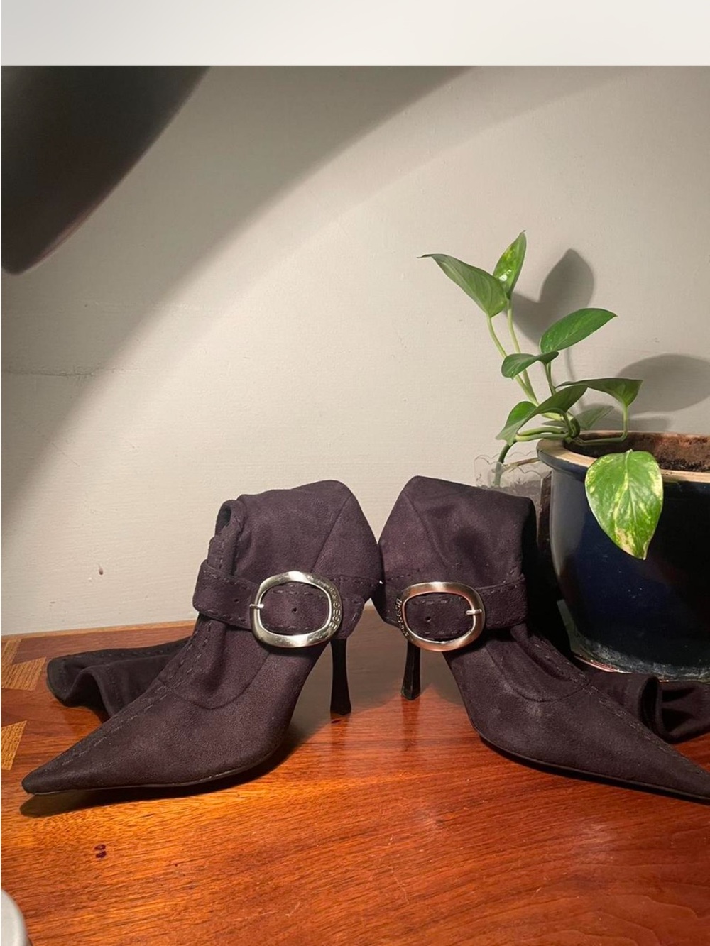 Classic Pointed-Toe Buckle Knee High Boots in Dark Brown